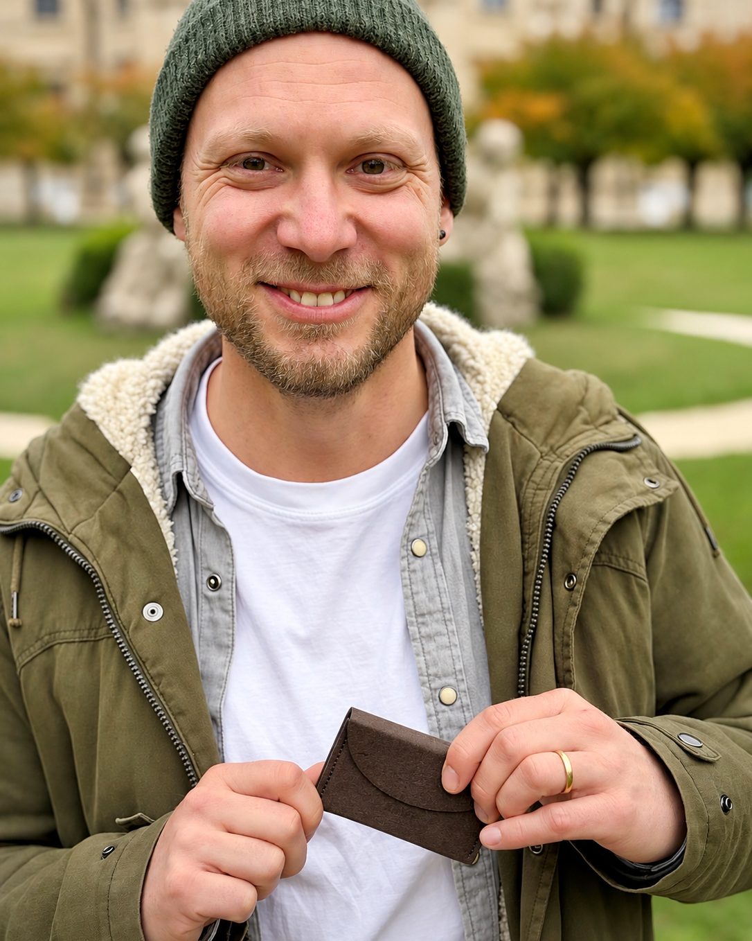 Sebastian Fischer, Gründer von KNIFF, mit seinem KNIFF Slim vor der Würzburger Residenz